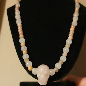 White Moonstone & Glorious Sunstone Beaded Necklace w/ Rose Quart Skull Pendant